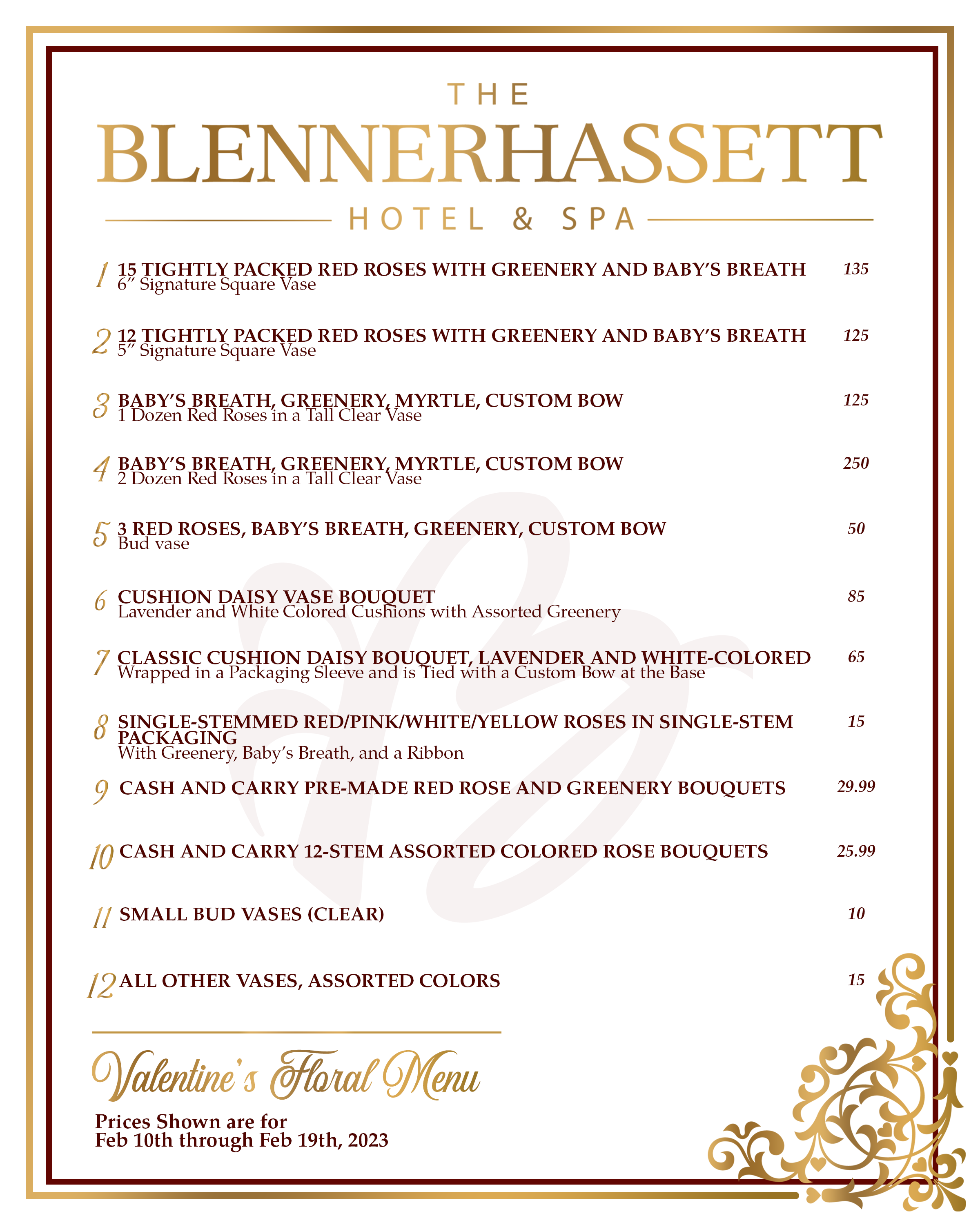 Blennerhassett Hotel and Spa Valentine's Floral Menu